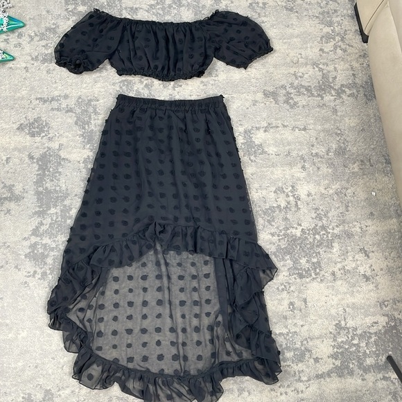 New Lyaner Tulle Polka Dot High Low 2 Piece Set Skirt Crop Top Black Sz M - Picture 5 of 11